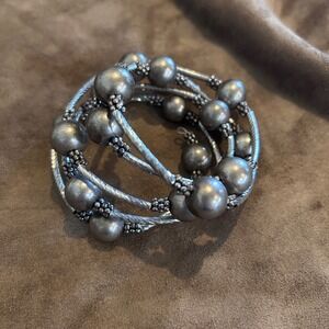 Silver Tone Beaded Coil Bracelet Unique Wrap Around Style